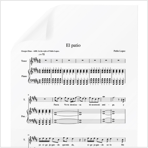 Retorcido oleada adiós El Patio – Pablo Lopez. PDF Partitura para piano y voz. Arr. by Giorgio  Elmo.