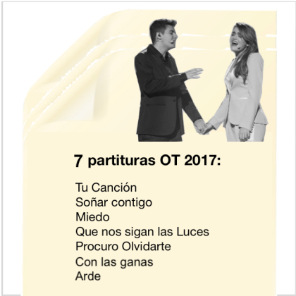 OT - 7 Partituras piano y voz. Tu Canción, Soñar contigo, Mied, Que nos sigan, Procuro Olvidarte, Con la Ganas, Arde.